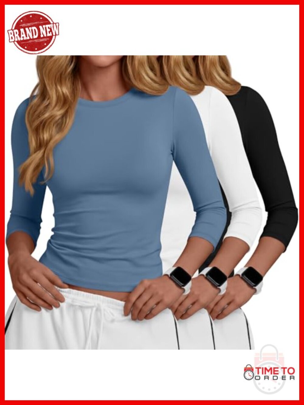 3 Pack Women's Compression T-Shirts 3/4 Sleeve Athletic Workout Tops